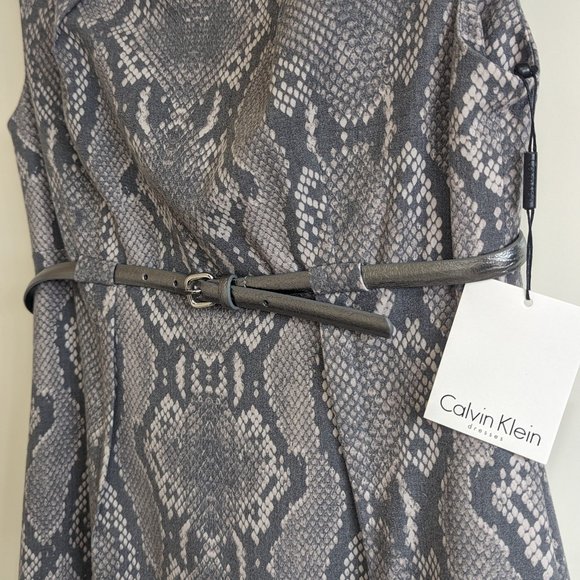 Calvin Klein Sheath Dress - Snakeskin Sleek Belt Silver Grey Fitted Slit Size 6 - Picture 7 of 15